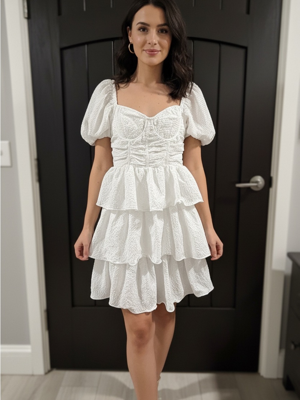 PrettyLittleThing Women’s White Tiered Puff-Sleeve Mini Dress, Size 6